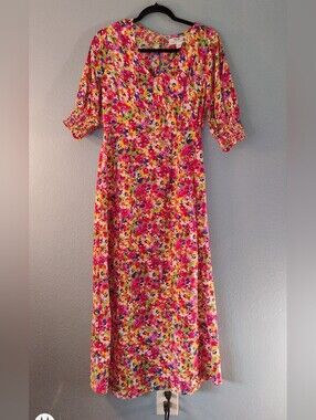Bright Pink Multi Floral Maxi Dress with V-Neck